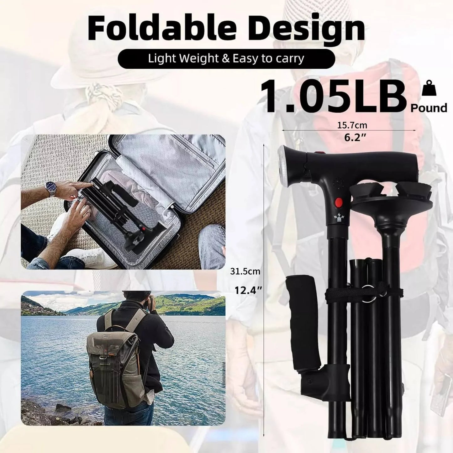 Folding Telescopic Cane Elder Cane LED Walking Trusty Sticks with LED Light&Alarm For Mothers The Elder Fathers